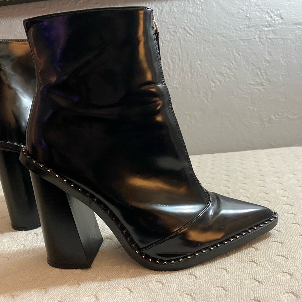 W Black Patent Heeled Boot with Silver Buttons along Sole